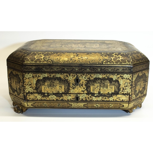 1167 - C19th Chinese Chinoiserie canted rectangular sewing box, all over decorated with figures in garden l... 