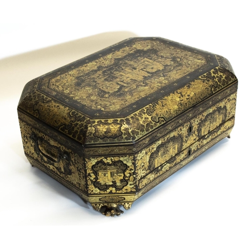 1167 - C19th Chinese Chinoiserie canted rectangular sewing box, all over decorated with figures in garden l... 