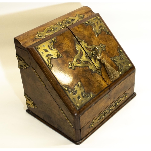 1169 - Victorian brass bound figured walnut slope front writing box, interior fitted with calendar, station... 