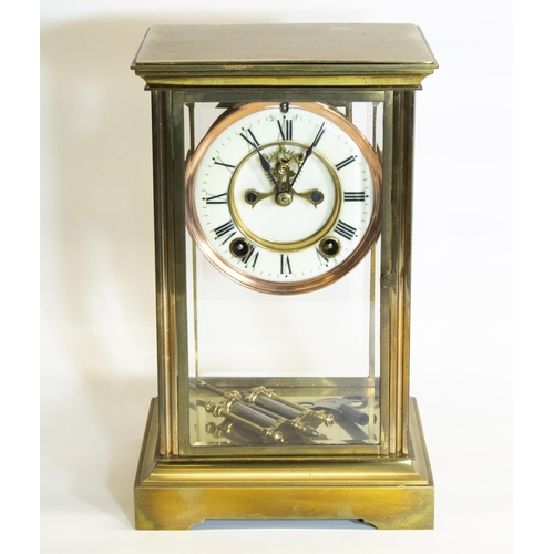 1079 - C20th four glass mantel clock, cream Roman dial with visible Brocot escapement, twin train movement ... 