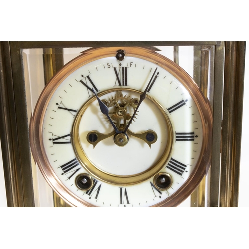 1079 - C20th four glass mantel clock, cream Roman dial with visible Brocot escapement, twin train movement ... 