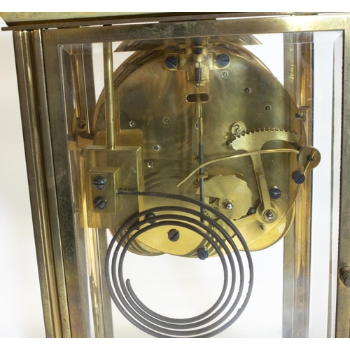 1079 - C20th four glass mantel clock, cream Roman dial with visible Brocot escapement, twin train movement ... 