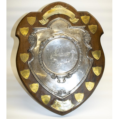 1042 - Scarborough and District Whist League winners shield with Geo.V hallmarked silver central plaque eng... 