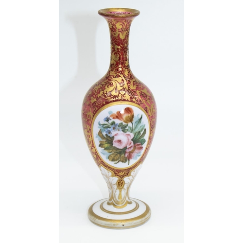 1127 - C19th Bohemian cranberry glass vase, the ovoid body with painted ovals of a young girl and a still l... 