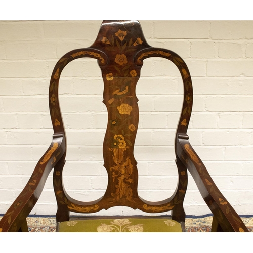 2202 - The Grange Goathland - C19th Dutch marquetry decorated walnut open arm chair, arched back with serpe... 