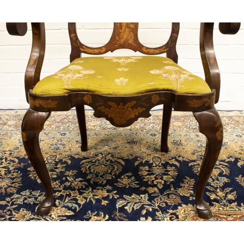 2202 - The Grange Goathland - C19th Dutch marquetry decorated walnut open arm chair, arched back with serpe... 