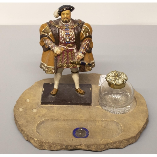 2022 - The Grange Goathland - C20th Houses of Parliament stone inkstand, mounted with a painted spelter mod... 