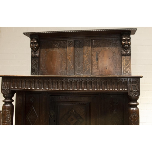 2193 - The Grange Goathland - C17th and later carved oak buffet, frieze carved W.R. 1669, open waist and ca... 