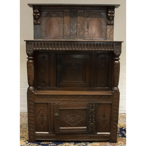 2193 - The Grange Goathland - C17th and later carved oak buffet, frieze carved W.R. 1669, open waist and ca... 