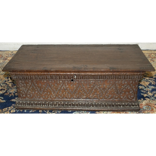 2203 - The Grange Goathland - C18th oak rectangular Bible box, hinged lid with carved panel front on moulde... 