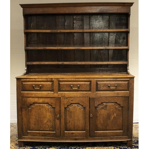 1383 - Geo. III oak dresser, three shelf back with moulded cornice above base, with three fielded panel dra... 