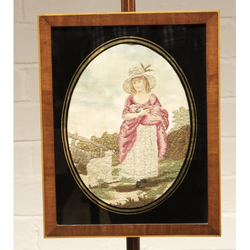 2208 - The Grange Goathland - Geo.111 boxwood strung mahogany tripod pole screen, needlework panel with a s... 