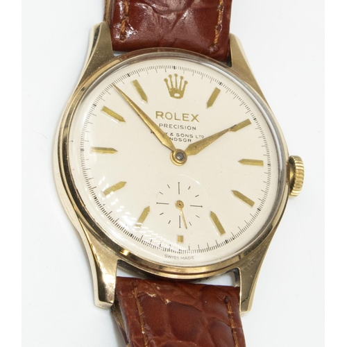 1070 - 1950's Rolex Precision 9ct gold cased hand wound wristwatch, signed cream dial with raised baton hou... 