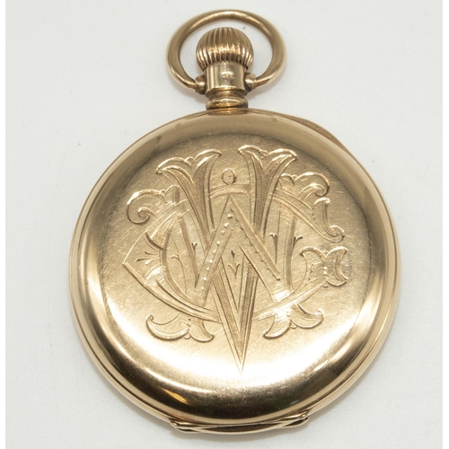 1075 - Waltham retailed by Tom Senior Dewsbury 9ct gold keyless open faced pocket watch, signed white ename... 