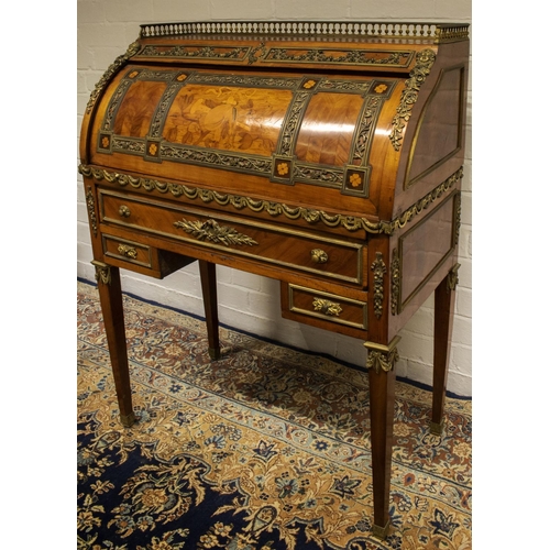 2182 - The Grange Goathland - C19th Louis XV1 style ormolu mounted walnut cylinder bureau, galleried marque... 