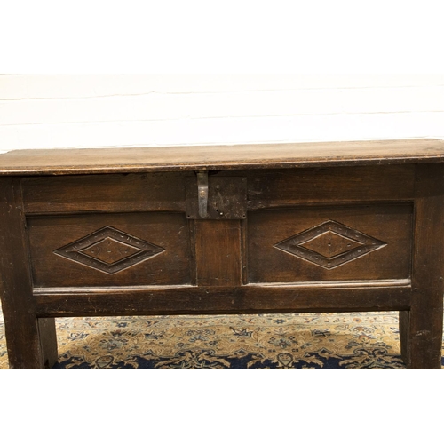 2209 - The Grange Goathland - Small C17th planked oak coffer, chip carved hinged top above two lozenge carv... 