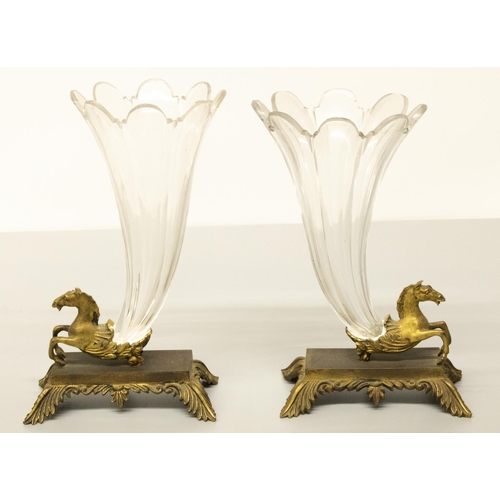 2023 - The Grange Goathland - Pair of late C19th glass Cornucopia vases on ormolu winged horse rectangular ... 