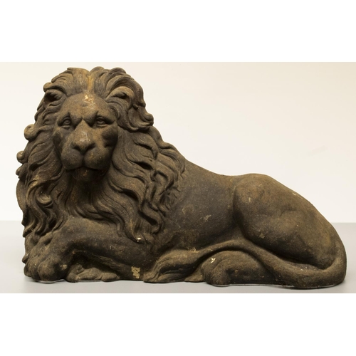 2051 - The Grange Goathland - Large cast iron sculpture of a black painted recumbent lion, W55cm H35cm