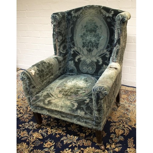 2230 - The Grange Goathland - Edwardian upholstered armchair, arched wingback on square tapered supports, b... 