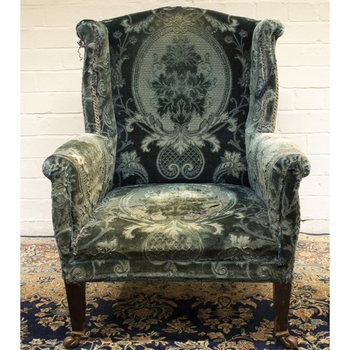 2230 - The Grange Goathland - Edwardian upholstered armchair, arched wingback on square tapered supports, b... 