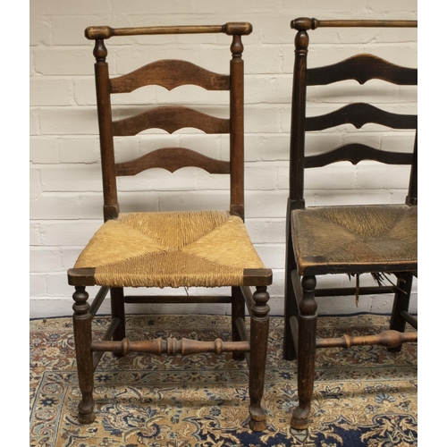 1386 - Set of eight C19th country made ash and elm rush seat ladderback dining chairs, with curved turned t... 