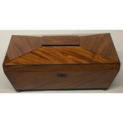 2061 - The Grange Goathland - Early Victorian mahogany sarcophagus shaped tea caddy, outlined with ebonised... 