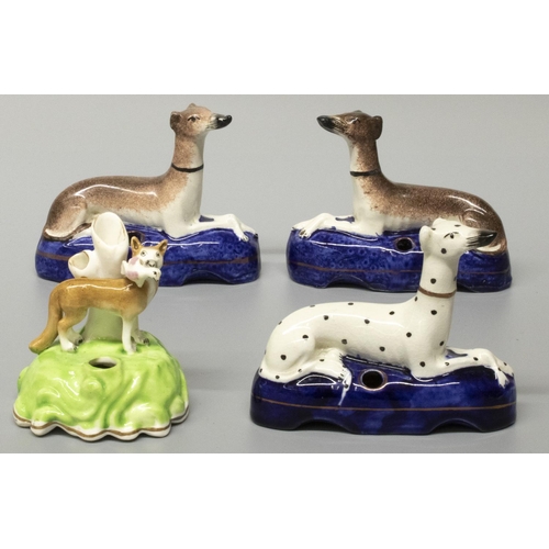 2032 - The Grange Goathland - Pair of C19th Staffordshire Greyhound inkwells, a similar Dalmatian and anoth... 