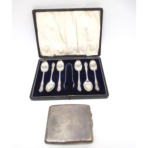 2014 - The Grange Goathland - Set of six Edw.V11 hallmarked silver teaspoons with tongs, cased by James Dea... 