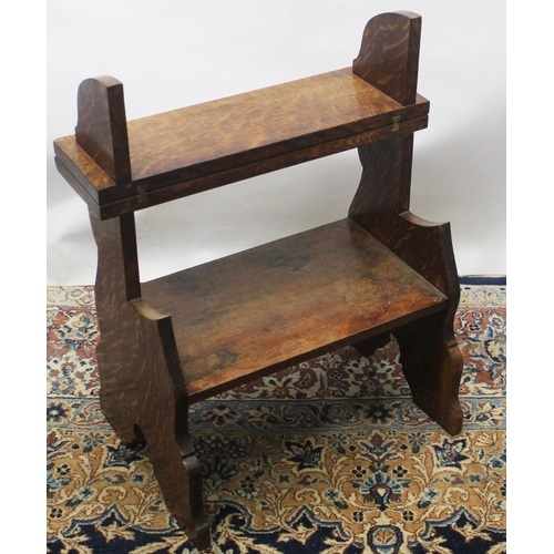 1393 - C20th oak Library step stool, folding top on shaped solid end supports, W51cm D344cm H64cm max