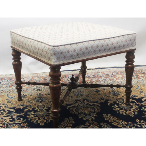 1410 - Victorian walnut rectangular stool, upholstered top on turned tapering supports joined by an X stret... 