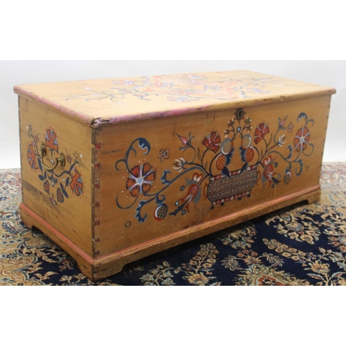 1416 - Victorian pine rectangular blanket box with hinged top, brass carry handles and skirted base, later ... 