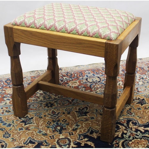 1458 - Brian Haw (former Mouseman carver) Yorkshire Oak - Rectangular stool with drop in woolwork top and H... 