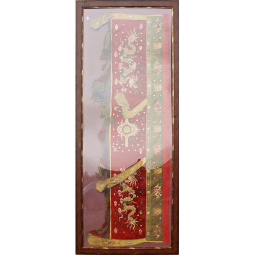 1391 - Early C20th Chinese embroidered silk panel, crimson field with facing dragons in pursuit of a flamin... 