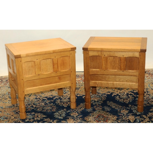 1436 - Brian Haw (former Mouseman carver) Yorkshire Oak - Pair of sewing tables with hinged lift up top, al... 