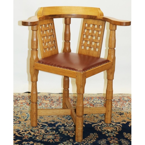 1439 - Brian Haw (former Mouseman carver) Yorkshire Oak - Corner chair with carved lattice back and leather... 