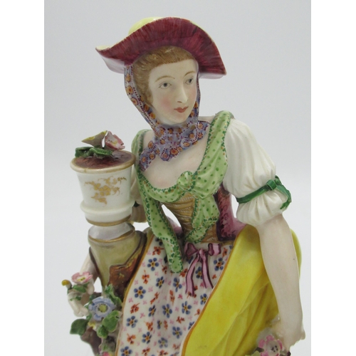 1185 - Pair of C19th Continental porcelain models of lady and gentleman gardeners, both in C18th dress with... 