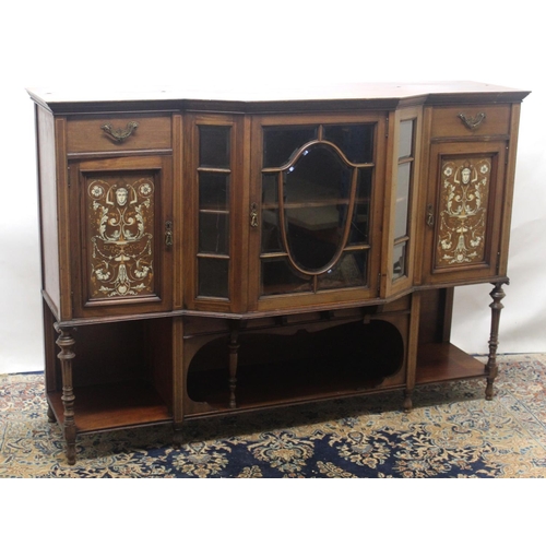 1415 - Victorian mahogany breakfront side cabinet with central bevelled glass door enclosed by two satinwoo... 