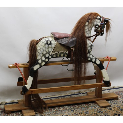 1332 - Quality craftsman made swing rocking horse, in dappled grey with associated tack and accessories, ov... 