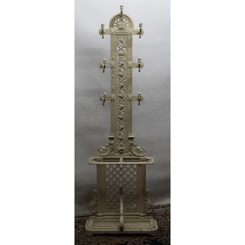 1397 - Victorian Coalbrookdale white painted cast iron hat, coat and stick hall stand with lift out drip tr... 