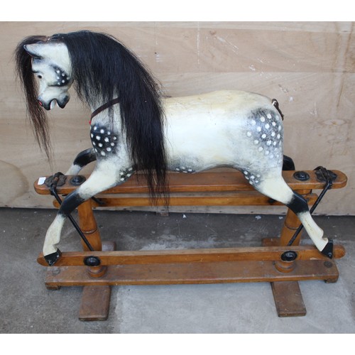 1333 - Edwardian craftsman made carved wood swing rocking horse, with painted rocking horse grey detail, H9... 