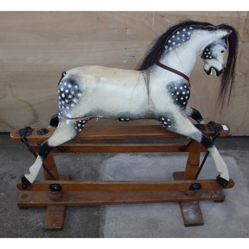 1333 - Edwardian craftsman made carved wood swing rocking horse, with painted rocking horse grey detail, H9... 