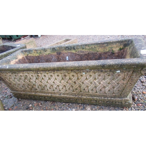 2282 - Pair of reconstituted stone planters, with scroll ends and fleur de lis decoration, 92cm x 33cm, app... 