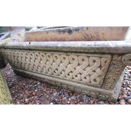 2283 - Pair of reconstituted stone planters, with scroll ends and fleur de lis decoration, 92cm x 33cm, app... 