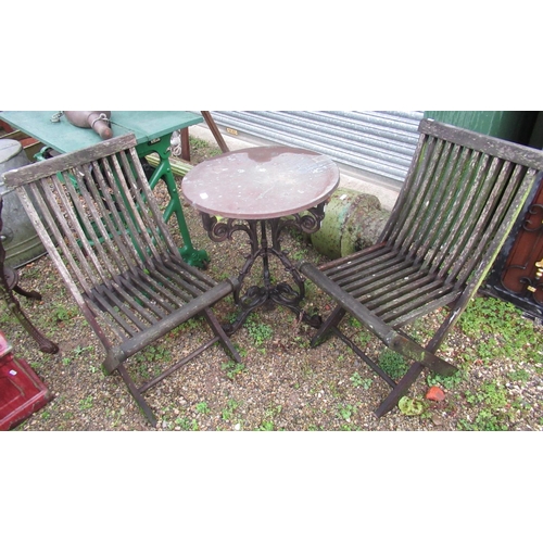 2305 - Pair of wooden folding garden chairs, copper topped pub style table with floral legs, pub table lack... 