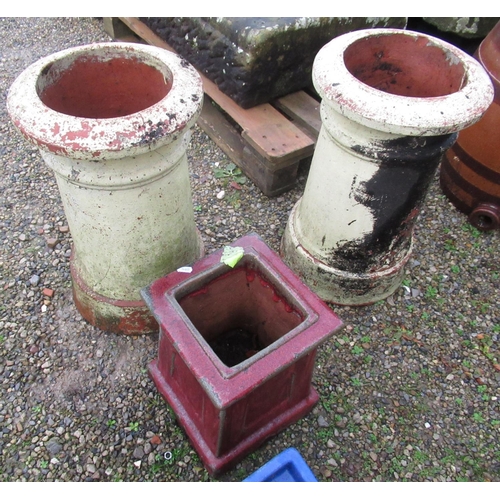 2306 - Pair of matching terracotta cannon barrel chimney pots, 54cm x 52cm, small painted planter with red ... 