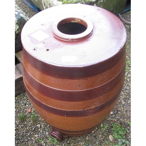 2307 - Large 12 gallon stone glazed earthenware barrel with coopered design, approx 58cm x 76cm