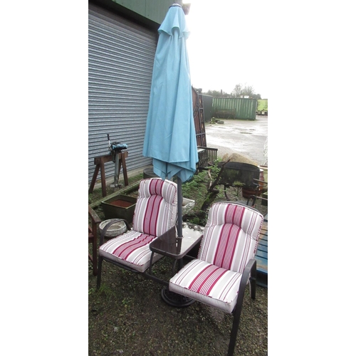 2314 - Two seated conservatory seat with tabletop to centre, with parasol