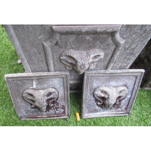 2317 - Pair of lead planters with ram's head relief design, H30cm W26cm, a pair of wall plaques with ram's ... 