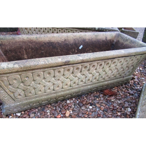 2284 - Pair of reconstituted stone planters, with scroll ends and fleur de lis decoration, 92cm x 33cm, app... 