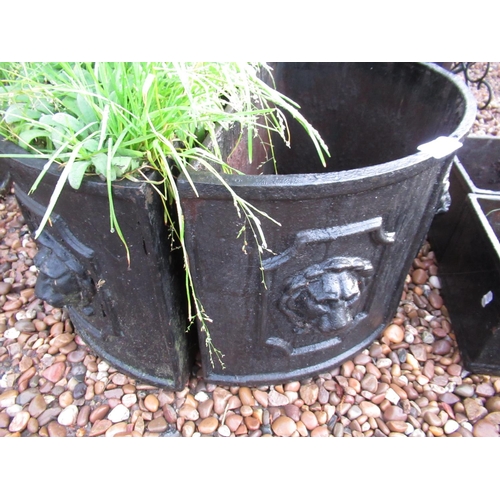 2290 - Pair of half moon cast iron planters with lion motif, 79cm x 26cm x 30cm